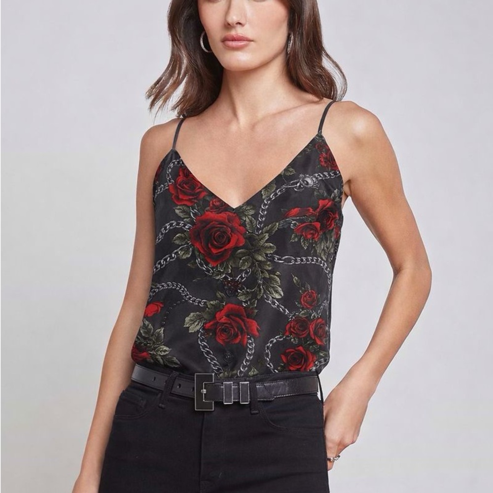 L'Agence Jane Silk Camisole Sz XS in Dark Shadow/Red Chain Roses